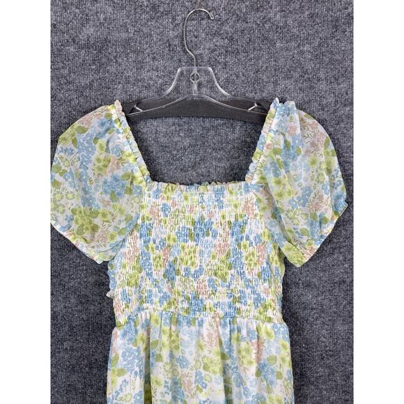 Maden NYC Junior's Green and Blue Floral Smocked Cut-out Mini Dress Puff Sleeve - Picture 8 of 12